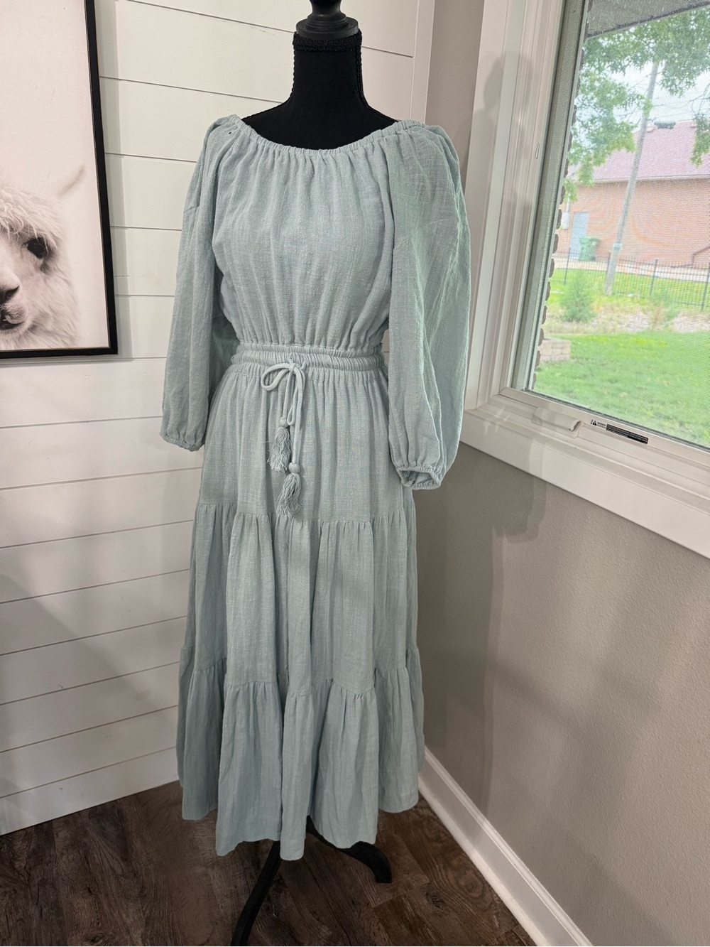 Olia Green Solid Puff Long Sleeve Lined Midi Dress Size XS Peasant